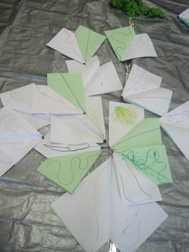 A photograph showing folded pieces of paper with various lines drawn on them in different colours. The papers are scattered randomly on the floor.