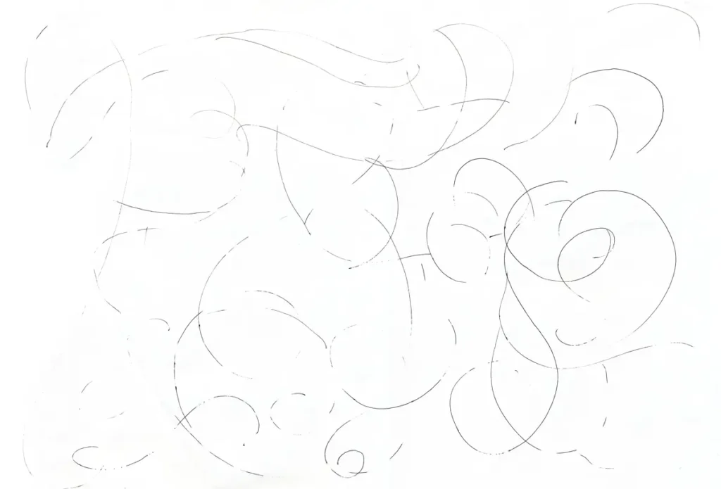 A hand-drawn pattern featuring several thin, curved, and winding lines on white paper.