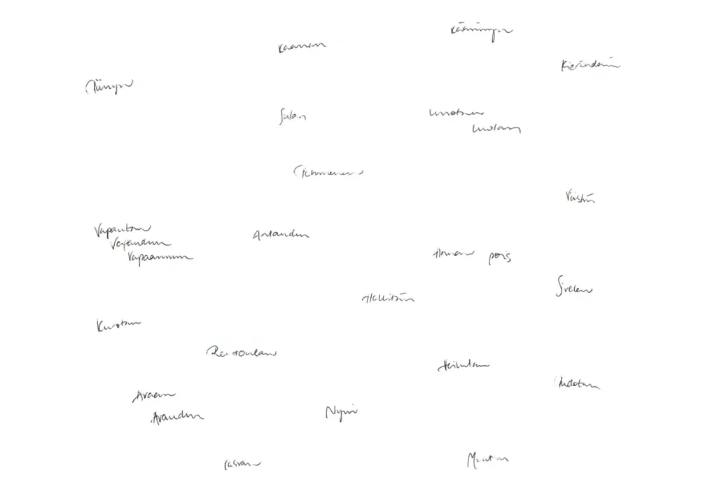 Handwritten words are scattered across a sheet of white paper.