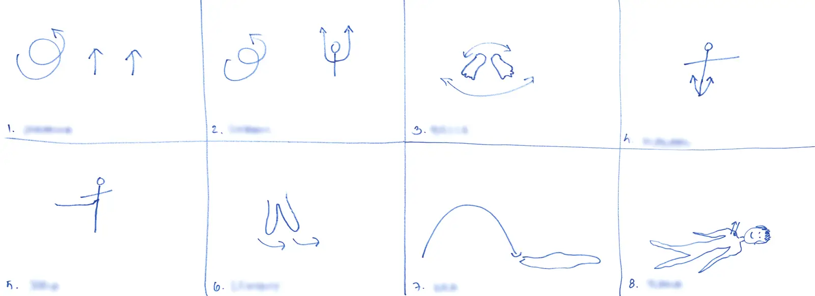 A hand-drawn storyboard consists of a series of eight grids, each with guidelines for movements and poses. Each grid features simple line drawings with arrows and symbols indicating the character&rsquo;s movements, such as spinning, jumping, and lying down.