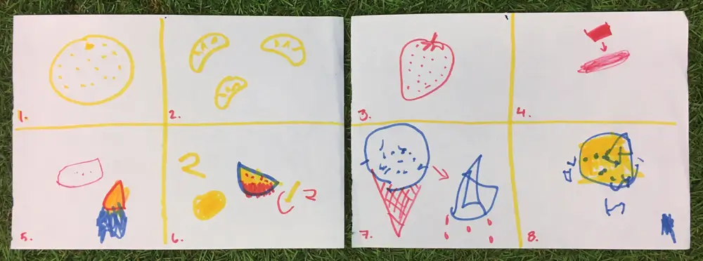 A co-drawn storyboard by the children and the researcher, consisting of eight grids featuring various fruits and foods, such as an orange, a strawberry, and ice cream. The colours are mainly yellow, red, and blue, and the images also include numbers and arrows that highlight details of the movements.
