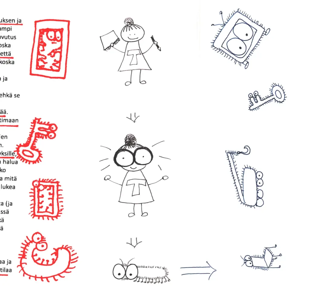 A series of drawings in which a researcher figure at the centre first transforms into a creature with large eyes and eventually into a hairy caterpillar. On either side of this transformative image are shapes formed by the caterpillar, suitable for various functions, such as a chair, a key, and a crane. The images on the left are early sketches drawn in the margins of a diary; the images on the right are better and more carefully drawn.