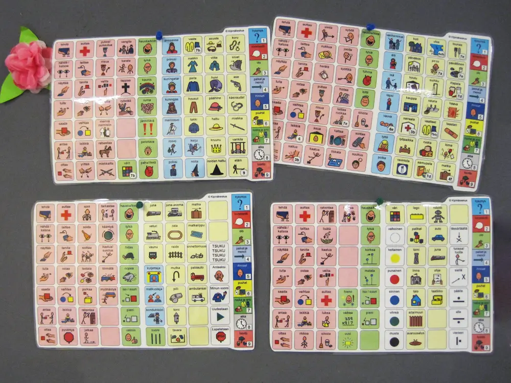 Four colourful communication boards, featuring symbols and pictures on various topics such as food, clothing, and activities, are mounted on an information board.
