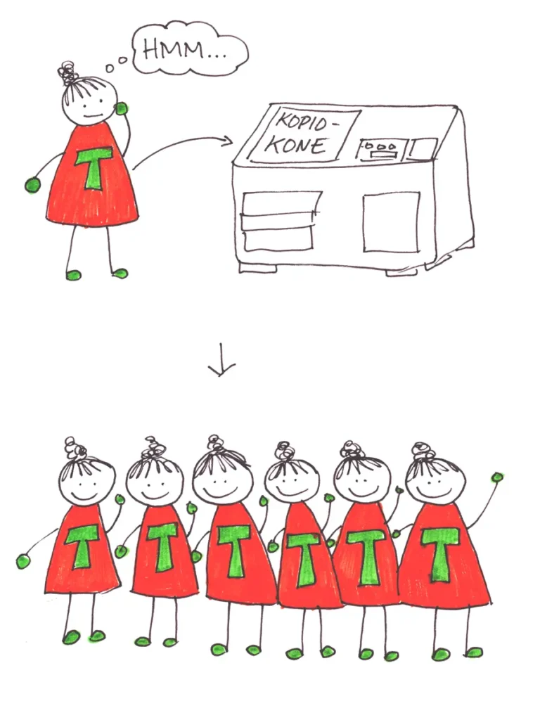 A collection of drawings depicting various situations from the study. In the first picture, children greet the researcher with a group hug. The second picture shows drawings and a storyboard used to guide dances. In the third image, a STOP sign is next to the computer and a checkmark on a hand next to the video camera, indicating &ldquo;do not touch.&rdquo; In the fourth image, two children bump into each other and get hurt, but they continue on their way with superhero capes draped over their shoulders. In the fifth image, the researcher character&rsquo;s eyes are very large, and she watches as the children dance, spinning, jumping, and balancing. In the sixth image, the researcher character is deep in thought next to a photocopier, after which a row of photocopied researcher characters appears in the picture. The pictures use bright colours, such as red, blue, green, and orange.