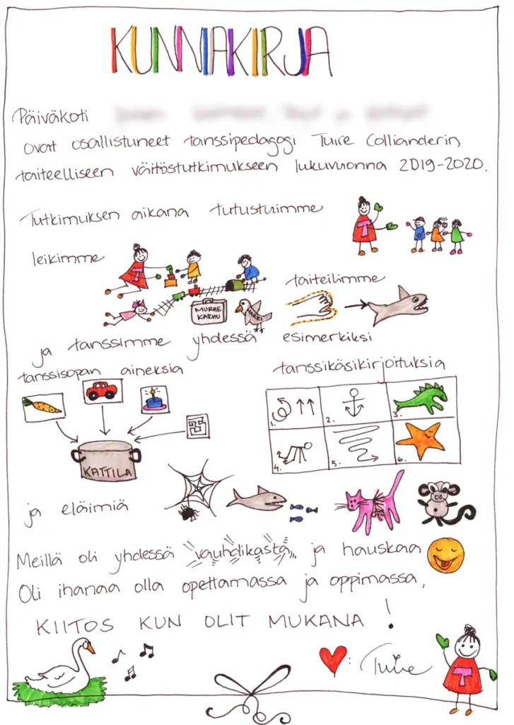 A hand-drawn, colourful certificate depicting the children&rsquo;s participation in the dance pedagogical artistic research during the 2019&ndash;2020 school year. The page features drawings of the children, dance movements, animals, and artistic elements, along with text thanking the children for their participation.