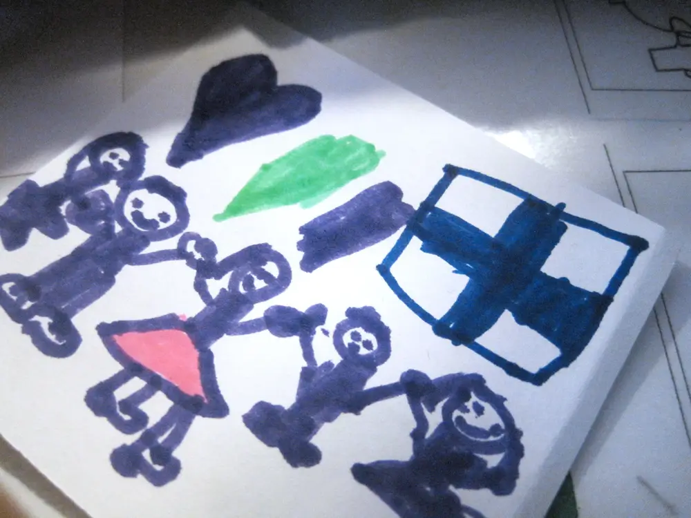 A drawing featuring five human figures, three hearts, and the Finnish flag. The figures are rendered in blue, and one wears a pink skirt. The hearts are blue and green, and the flag displays a blue cross on a white background.