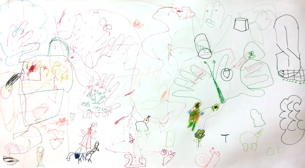 A collaborative drawing created by the children and the researcher on a large sheet of white paper using multicoloured felt-tip pens. The drawing features handprints, animals such as snails, fish, a bird and a butterfly, and various other figures. The drawing includes green, red, black and blue lines, as well as simple shapes and patterns, some of which are partially overlaid