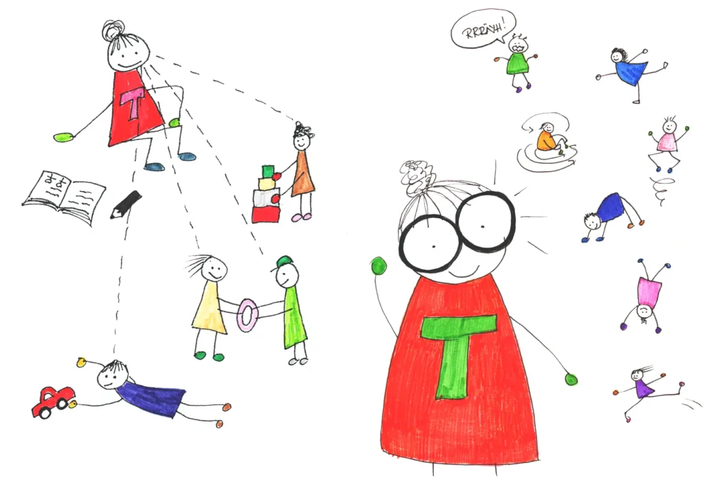 A hand-drawn illustration showing a researcher character wearing a red shirt with a green letter T. She is seated, watching the children play. The researcher&rsquo;s eyes are enormous, and she watches the dancing children as they spin, balance, cartwheel, jump, and leap.