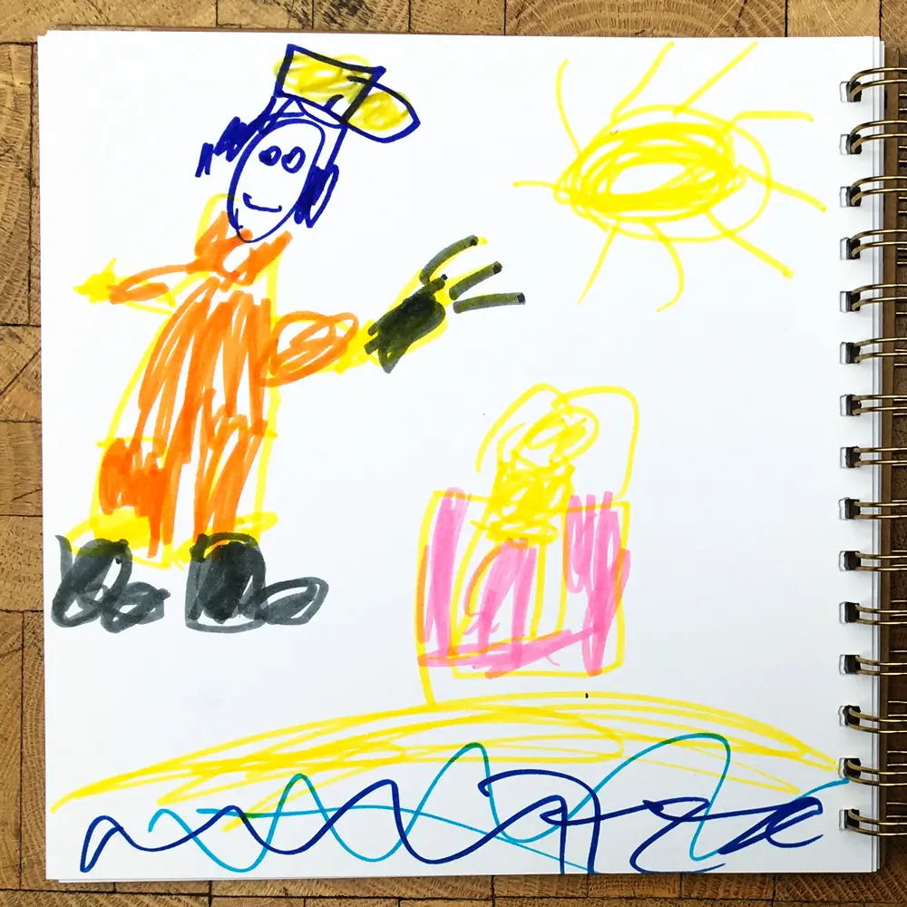 A colourful drawing by a child showing a figure wearing an orange overall and a yellow helmet, standing in the sun with a torch in hand. At the bottom are wavy blue lines beneath a yellow surface, and in the centre is a pink-and-yellow abstract pattern.