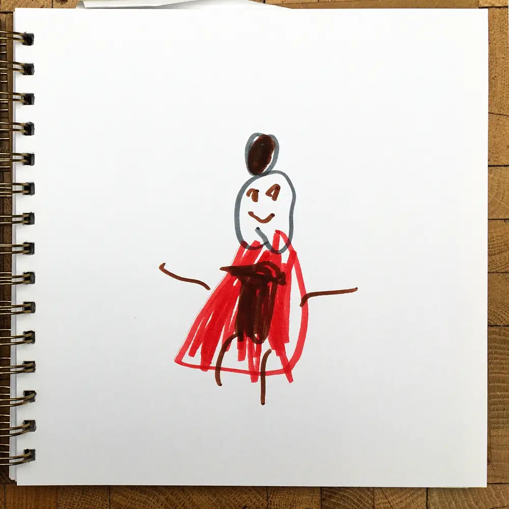 A drawing by a child featuring a researcher character with hair in a bun, wearing a red dress with a brown letter "T" on the front. The character has a simple, smiling face and straight arms.