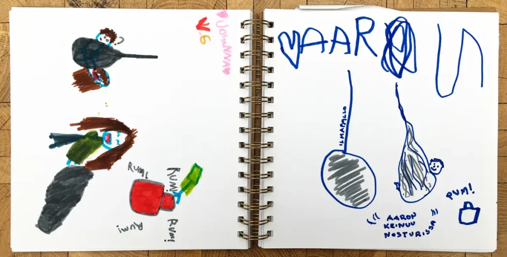 The collage includes eight drawings, some of which were created by children and others by children and adults working together. They depict various characters, balloons, and text. The drawings feature colourful lines and include dates, names, and short comments such as &ldquo;The balloons were fun.&rdquo;
