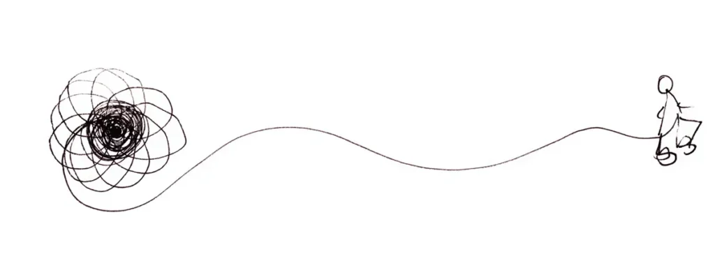 A hand-drawn illustration showing a stick figure running away, leaving behind a wavy line that stretches from the center of &ldquo;Syher&ouml;&rdquo; to the stick figure.