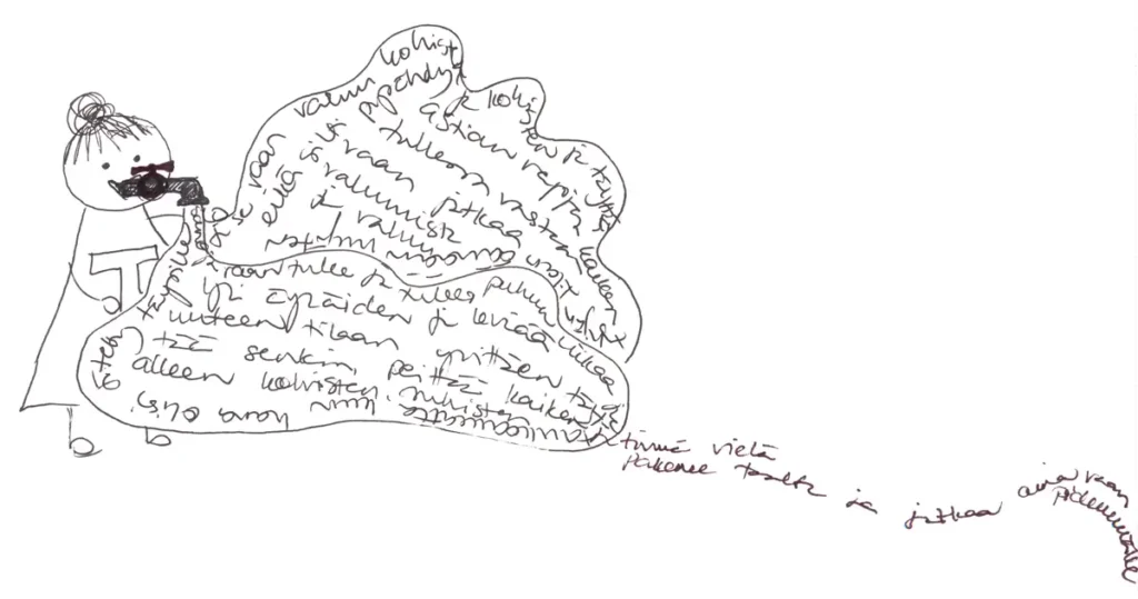 A sketch in which a water faucet is depicted in place of the researcher&rsquo;s mouth, from which a stream of text flows, consisting of handwritten, partially indistinct text.