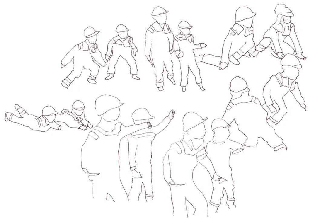 A black-and-white line drawing featuring several helmeted figures in various poses and movements. The image comprises simple outlines without a background or details.