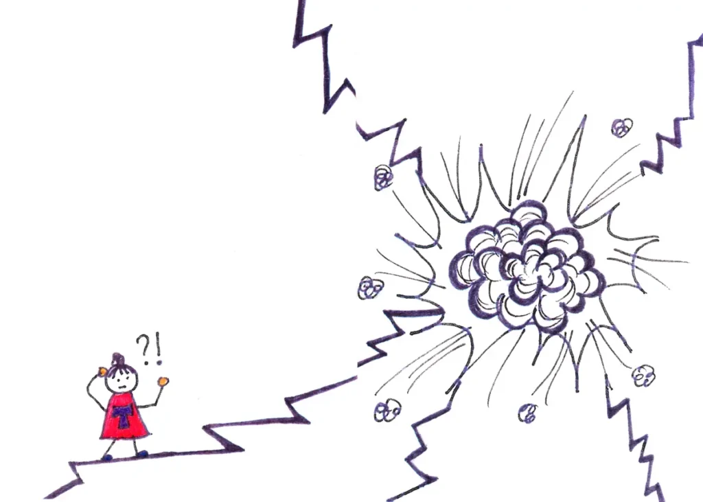 A drawing showing a researcher-figure in a red dress looking bewildered as she watches a massive explosion or powerful eruption. Black jagged lines and small, round dust particles surrounding the explosion emphasise the spread of force and energy.