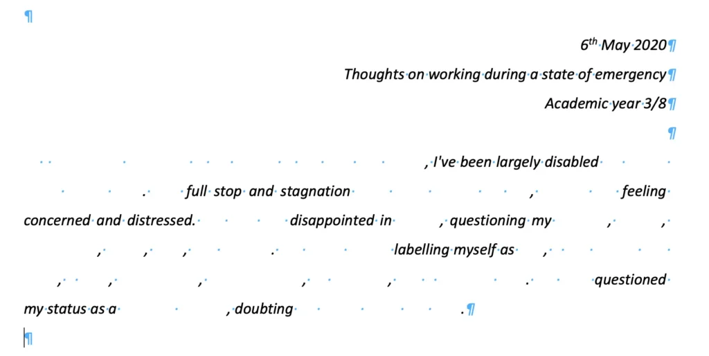 A text document dated 6 May 2020, titled "Thoughts on working during a state of emergency". The author has censored the text by deleting most of it, leaving the following phrases: I&rsquo;ve been largely disabled, full stop and stagnation, feeling concerned and distressed, disappointed in, questioning my, labelling myself as, questioned my status as a, doubting.
