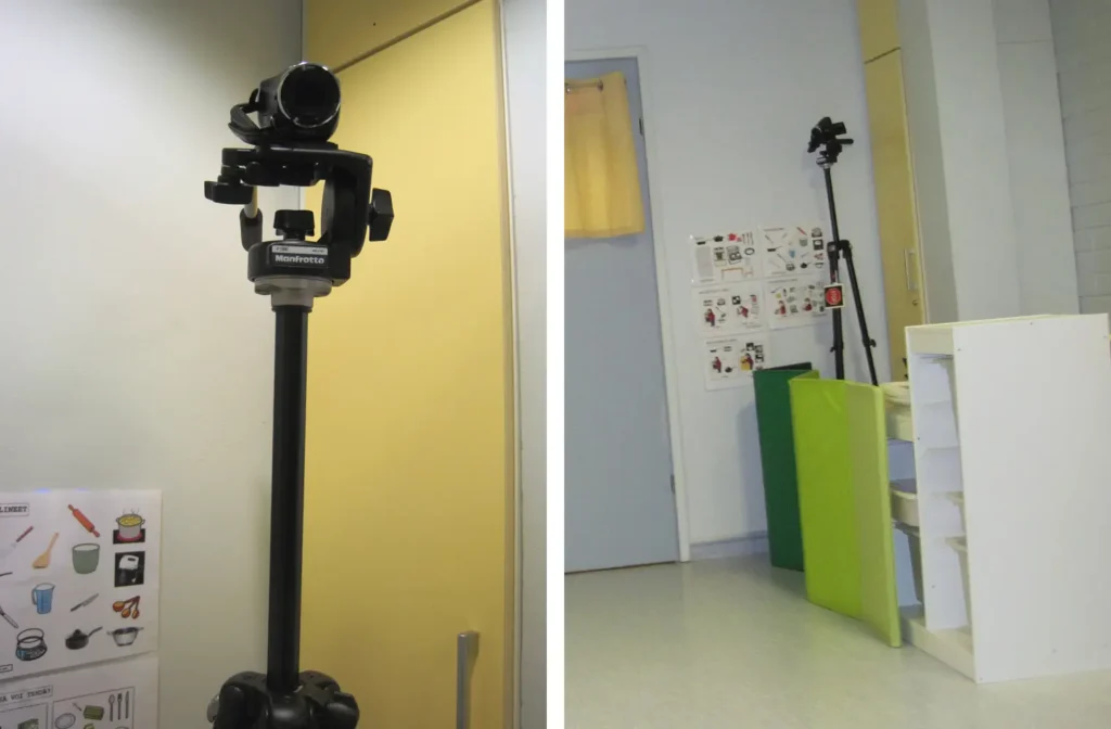 The image shows a collage of two photographs: one close-up of a camera on a tripod, and another of a corner of the daycare centre&rsquo;s multipurpose room, featuring a shelf, a green cushion and people dancing.
