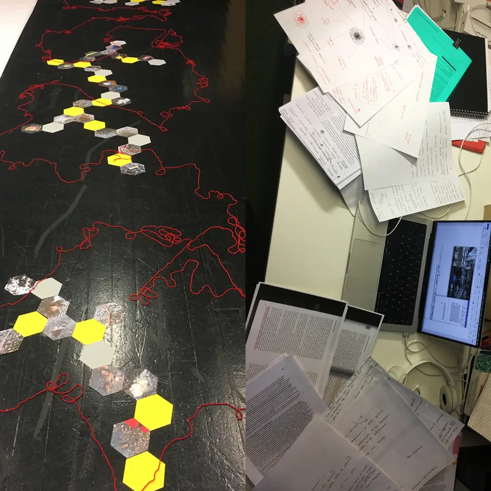 The pair of images shows, on the left, the studio floor of the artistic-pedagogical event, featuring yellow and grey paper hexagons, as well as hexagons cut from photographs, arranged in interconnected chains and formations, along with a winding red thread. On the right is a desk covered with open books, printed documents, sketch drafts, and a laptop.